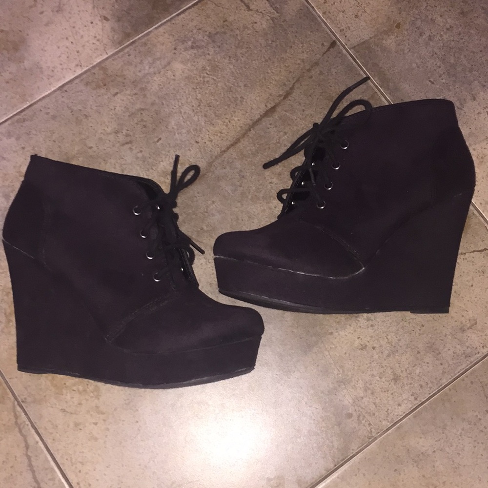 Black suede wedge style booties